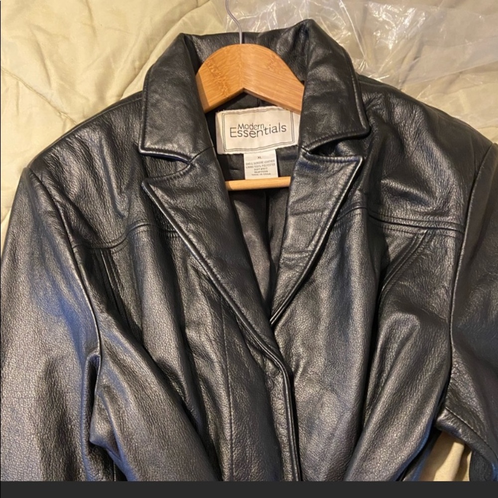 Black Leather coat with tie belt around the waist
